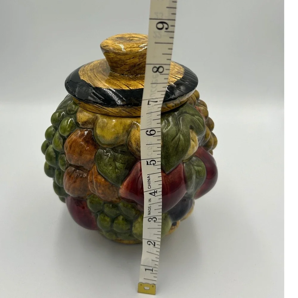 Vintage Style Fruit Harvest Ceramic Canister Hand Painted Grapes Apple Walnut 8